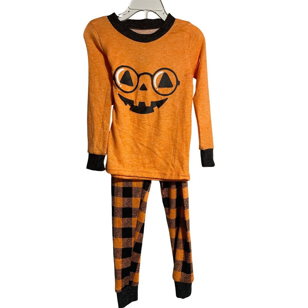 Trick Or Treat Sleep Kids Pajama Set 4T Pumpkin Top & Plaid Pants Orange/Black